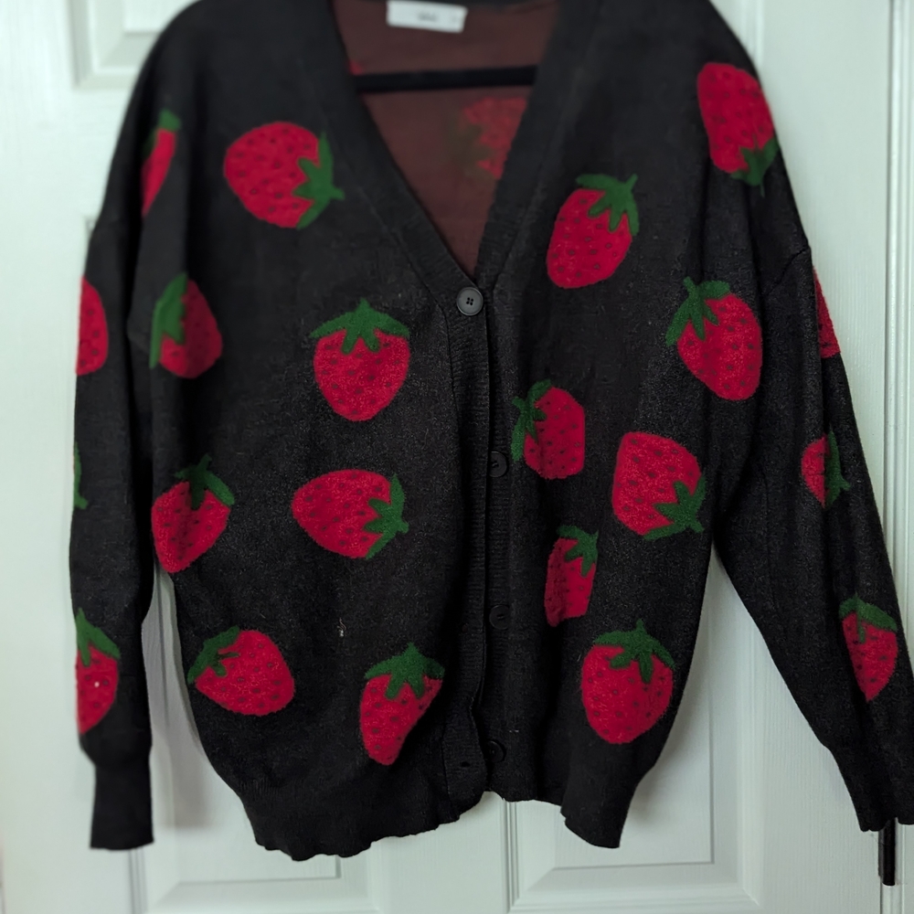 Strawberry Patterned Black Sweater